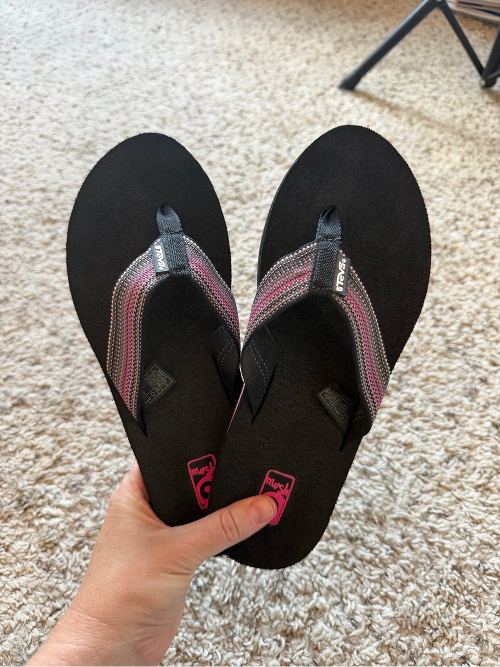 Teva Black Flip Flops with Pink and Gray Straps